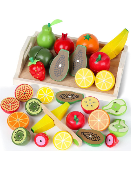 Set de Comida de Madera para Niños - 9 Frutas y Verduras Cortables