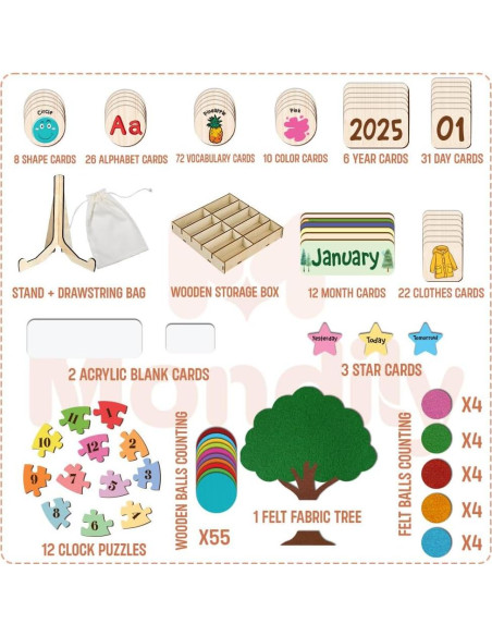 Calendario Interactivo de Madera Mondily para Niños 3-8 Años