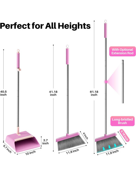 Escoba y Recogedor JOYMOOP Rosa 60 cm, Cerdas Suaves y Ángulo
