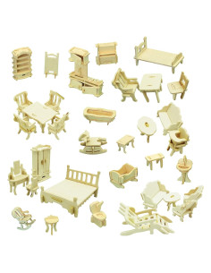 Juego de Muebles de Casa de Muñecas Hotmisu 34 Piezas Madera