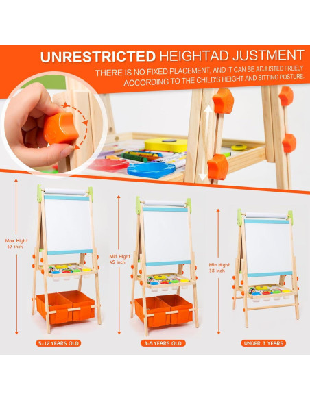 Caballete de Madera Doble Cara Rundad para Niños 3-12 Años