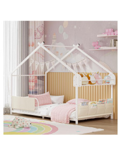 Cama Casa Montessori Timy Twin Blanca con Estante y Caddy