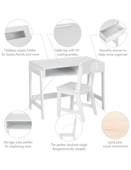 Conjunto de Escritorio y Silla UTEX para Niños - Blanco, Ergonomía y Almacenamiento