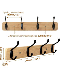 Perchero de pared JSVER con 4 ganchos de bambú y metal 2