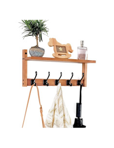 Perchero de pared Exper City con estante y 5 ganchos de madera