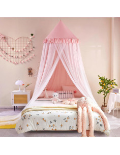 Dosel de Cama Kertnic Grande 80 cm Doble Capa Princesa Beige Rosa 2