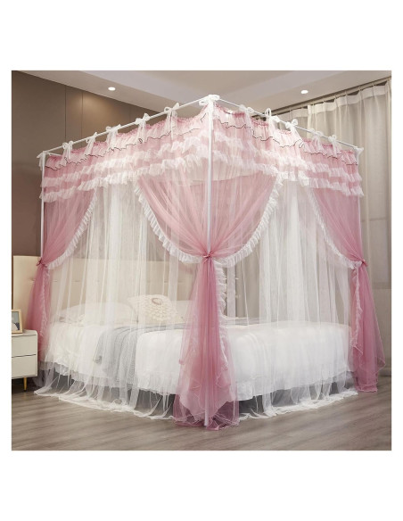 Cortina de Dosel de Cama NXGIO Rosa/Blanco 149.86x208.28 cm