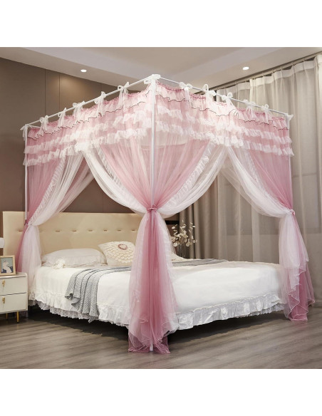 Cortina de Dosel de Cama NXGIO Rosa/Blanco 149.86x208.28 cm