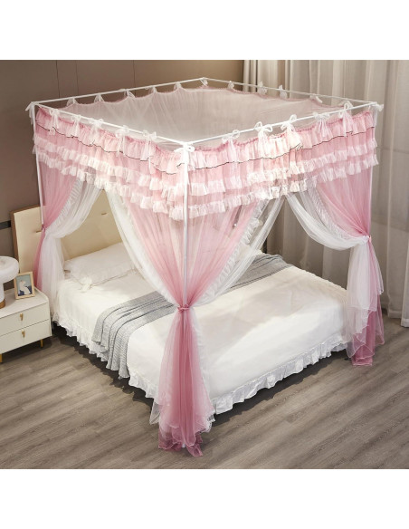 Cortina de Dosel de Cama NXGIO Rosa/Blanco 149.86x208.28 cm