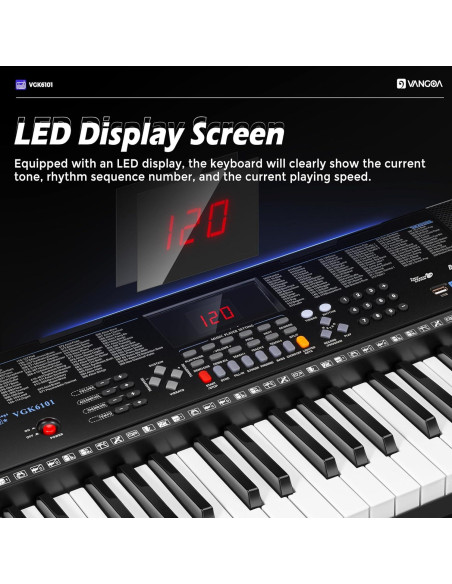 Piano Eléctrico Vangoa VGK6101 de 61 Teclas con Soporte y Micrófono