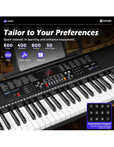 Piano Eléctrico Vangoa VGK6101 de 61 Teclas con Soporte y Micrófono