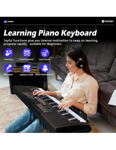 Piano Eléctrico Vangoa VGK6101 de 61 Teclas con Soporte y Micrófono