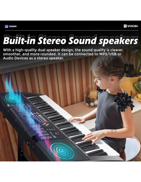 Piano Eléctrico Vangoa VGK6101 de 61 Teclas con Soporte y Micrófono