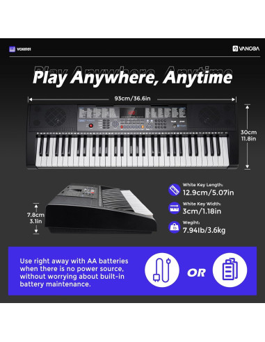 Piano Eléctrico Vangoa VGK6101 de 61 Teclas con Soporte y Micrófono