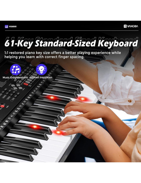 Piano Eléctrico Vangoa VGK6101 de 61 Teclas con Soporte y Micrófono