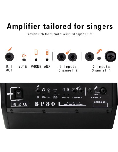 Amplificador Acústico Coolmusic BP80 - 100W, 6 Entradas, Bluetooth, Negro