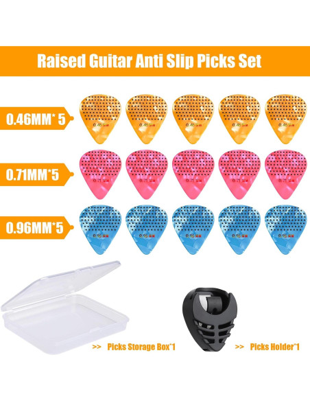 Paquete de 15 púas de guitarra antideslizantes Celuloide 0.46-0.96mm