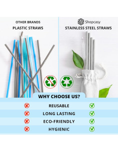 Juego de 10 Pajitas de Metal Reutilizables Shopcasy Plata 2