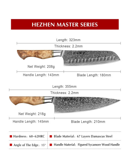 Juego de Cuchillos de Cocina HEZHEN Damasco 5PCS Mango Madera