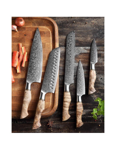 Juego de Cuchillos de Cocina HEZHEN Damasco 5PCS Mango Madera