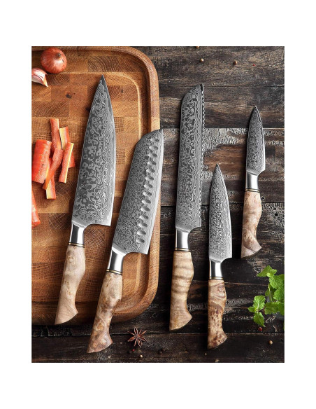 Juego de Cuchillos de Cocina HEZHEN Damasco 5PCS Mango Madera