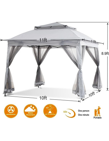 Gazebo Plegable SAILARY 3.35m x 3.35m con Cortinas Gris