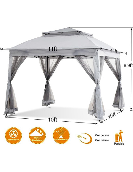 Gazebo Plegable SAILARY 3.35m x 3.35m con Cortinas Gris