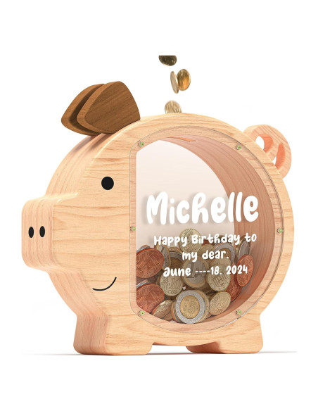 Hucha de Madera Natural KMC Cerdito Personalizada 24x23 cm