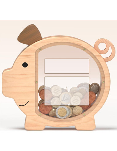 Hucha de Madera Natural KMC Cerdito Personalizada 24x23 cm