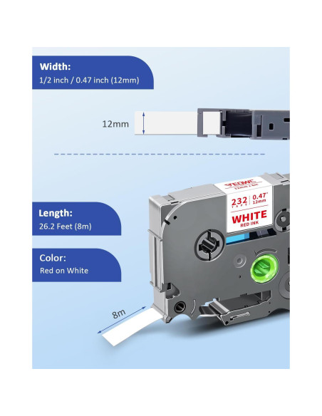 Cinta de Etiqueta 12mm VEQWC TZe-232 Roja sobre Blanca