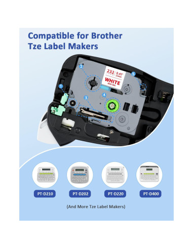 Cinta de Etiqueta 12mm VEQWC TZe-232 Roja sobre Blanca