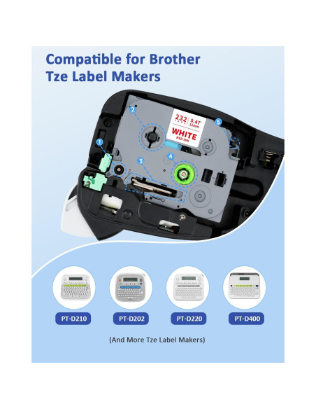 Cinta de Etiqueta 12mm VEQWC TZe-232 Roja sobre Blanca