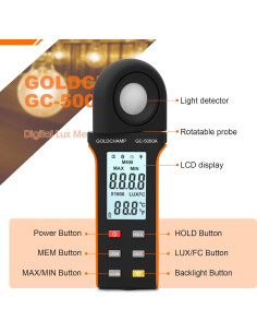 Medidor Digital de Iluminancia GOLDCHAMP GC-5000A 400,000 Lux 2