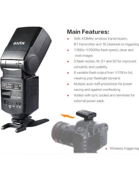 Flash Godox TT520II Speedlite Inalámbrico para DSLR Canon Nikon