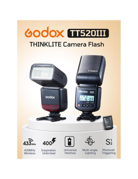 Flash Godox TT520III para Cámara - 33 GN, Inalámbrico 433MHz