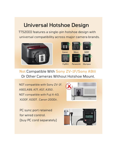Flash Godox TT520III para Cámara - 33 GN, Inalámbrico 433MHz
