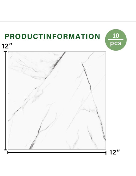 Paquete de 10 baldosas autoadhesivas ZRJT 30.48x30.48 cm mármol blanco