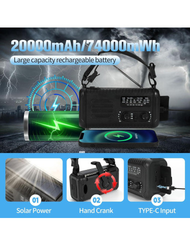 Radio de Manivela Solar de Emergencia 20000mAh NOAA AM FM