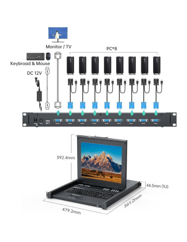 Consola KVM LCD 17" MT-VIKI 8 Puertos VGA Rack 1U