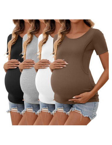 Ficerd 4 Camisetas de Lactancia Algodón Manga Corta Mujeres