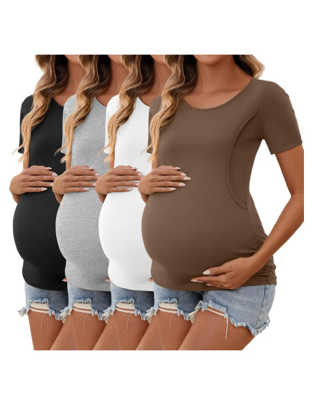 Ficerd 4 Camisetas de Lactancia Algodón Manga Corta Mujeres
