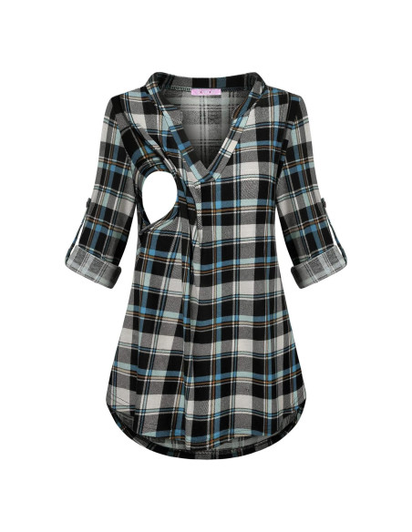 Blusa de Lactancia Joymom Manga Larga Cuello en V Azul Negra