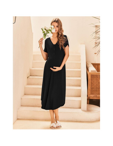 Camisón de Maternidad Ekouaer Negro Mediano para Lactancia