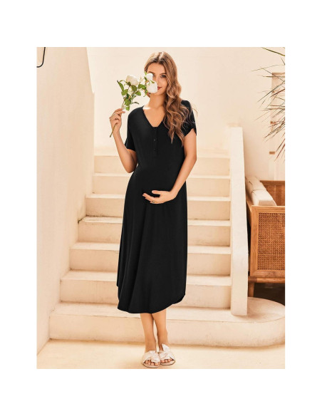 Camisón de Maternidad Ekouaer Negro Mediano para Lactancia