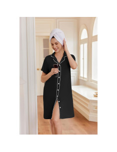 Camisón de Botones Ekouaer para Mujeres - Negro - S-2XL 2