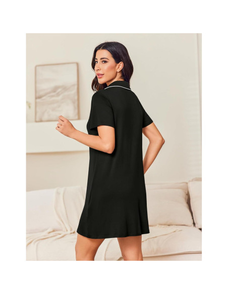 Camisón de Botones Ekouaer para Mujeres - Negro - S-2XL