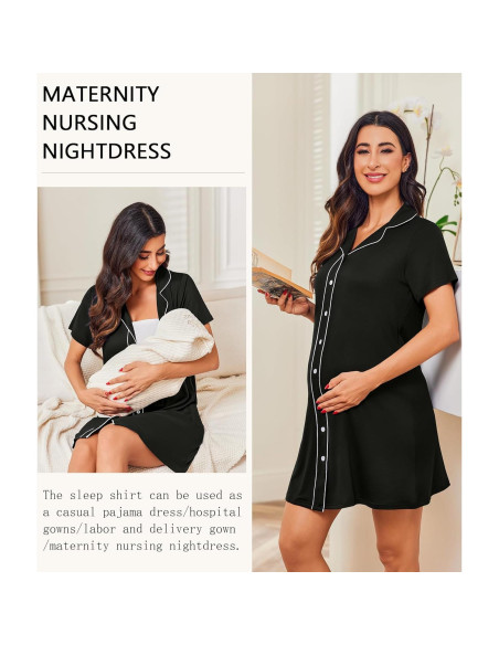 Camisón de Botones Ekouaer para Mujeres - Negro - S-2XL