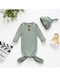 BASKOPA Gown Knotted Unisex Bebé 0-6 Meses Verde con Gorra 2
