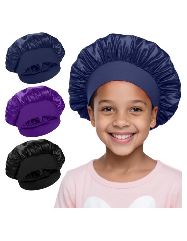 3 Gorras de Sueño Satinadas para Niñas - Negro, Azul, Púrpura