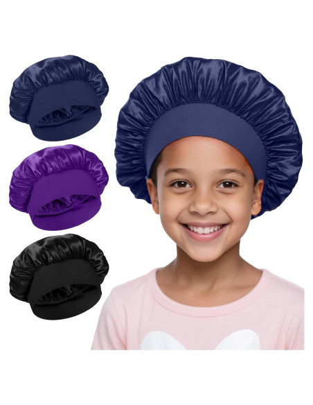 3 Gorras de Sueño Satinadas para Niñas - Negro, Azul, Púrpura